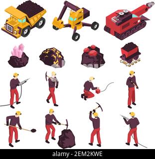 Mining workers products and equipment isometric icons collection with excavator boring and transportation machinery isolated vector illustration Stock Vector