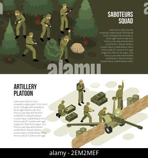 Military vehicles banners set with compositions of isometric images with soldiers tactical activities and editable text vector illustration Stock Vector