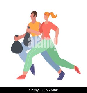 Plogging. Environmental movement. Healthy lifestyle. Family couple jogging with a garbage bags on white background. Physical activity and care for the Stock Vector