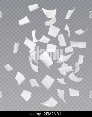Chaotic falling flying empty white paper sheets with curved corners on transparent background realistic vector illustration Stock Vector