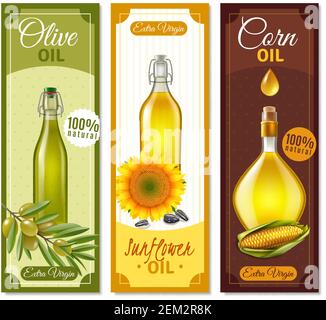 Natural product realistic banners set of glass bottles filled with sunflower olive and corn oil vector illustration Stock Vector