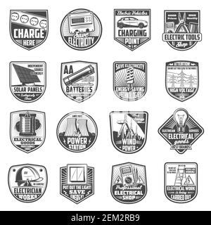 Electricity and power production icons, electrical equipment tools shop and electro car charging point signs. Vector electric light bulb, wind and the Stock Vector