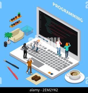 Miniature isometric concept with programming specialists laptop and interior items on blue background 3d vector illustration Stock Vector