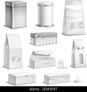 Tea blank white packaging set realistic isolated vector illustration Stock Vector