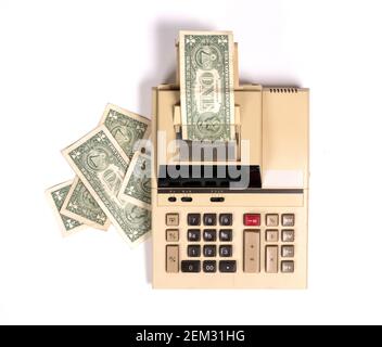 Old fashioned calculator dollars, isolated on white Stock Photo