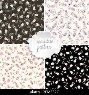 Set of seamless floral patterns based on traditional folk art ornaments. Colorful flowers on light background. Scandinavian style. Vector illustration Stock Vector