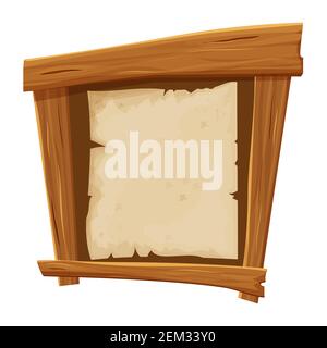 Banner from wood planks with piece of paper, parchment in cartoon style, wild west frame, board Isolated on white background. Ui game assets, empty te Stock Vector