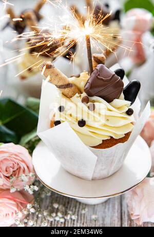 Chocolate cupcakes with burning sparklers on white wooden background Stock Photo