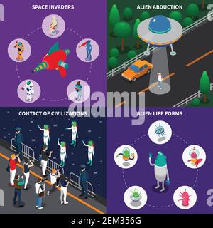 Various alien characters coming in to contact with people 2x2 colorful isometric icons set 3d isolated vector illustration Stock Vector