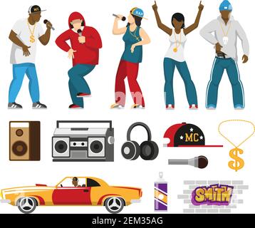 Rap music singers with accessories mc cap retro car loudspeakers microphone flat icons collection isolated vector illustration Stock Vector