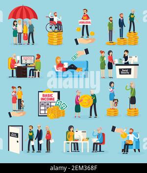 Social security orthogonal icons set with family protection, disability and unemployment benefits, documents execution isolated vector illustration Stock Vector