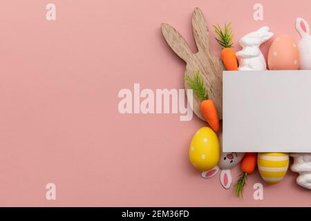 Blank easter greeting card with easter bunny and egg decorations Stock Photo