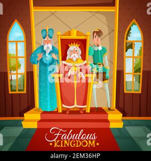 Fabulous kingdom colorful cartoon vector illustration with king sitting on throne wizard and prince figurines standing near monarch Stock Vector