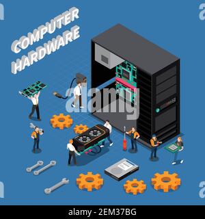 Isometric composition with computer hardware and information technology engineers repairing system unit 3d vector illustration Stock Vector