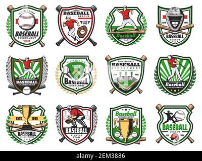 Baseball sport emblems, softball team club badges and league tournament game icons. Vector baseball ball, player quarterback with bat and laurel, vict Stock Vector
