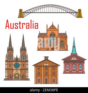 Australia architecture landmarks, Sydney famous historic buildings. Vector St Mary and James church, Saint Andrews cathedral, Australian Harbour bridg Stock Vector