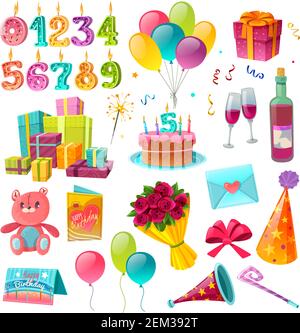 Celebration birthday cartoon set with bouquet of flowers balloons party hat greeting cards candle numbers isolated vector illustration Stock Vector