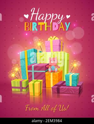 Happy birthday red background with congratulations text fireworks many gift boxes and teddy bear vector illustration Stock Vector