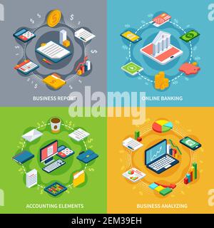 Accounting isometric design concept with round compositions of isometric icons graphs with money images and symbols vector illustration Stock Vector