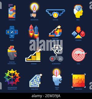 Gamification motivation concept colorful flat icons collection on black background with personal development plan goal vector illustration Stock Vector