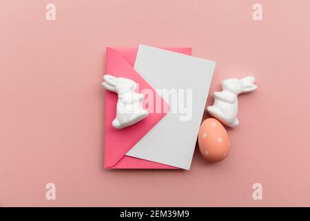 Easter blank card and envelope with easter bunny and eggs Stock Photo