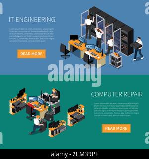 Information technology engineering specialist and computer repair service horizontal banners set 3d isometric isolated vector illustration Stock Vector