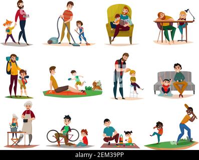 Fatherhood raising children, reading, cooking, sport activity and games, housework, set of icons isolated vector illustration Stock Vector