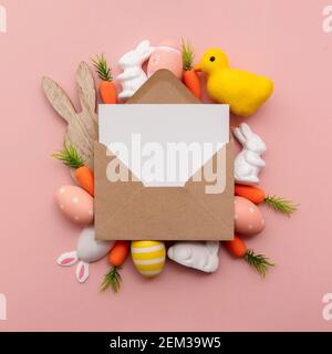 Easter blank card and envelope with easter bunny and eggs Stock Photo