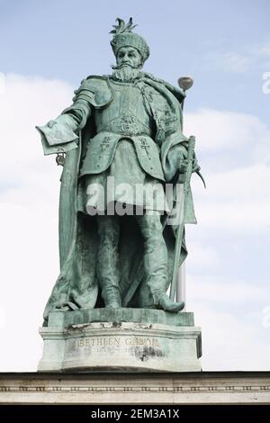 Budapest, Hungary 11.02.2021: Statue of Gabor Bethlen Prince of Transylvania on Heroes Square Budapest Hungary Stock Photo