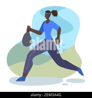 Plogging. Environmental movement. Healthy lifestyle. African american woman jogging with a garbage bag in park. Physical activity and care for the env Stock Vector