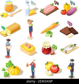 Set of isometric icons organic food including fruits vegetables, dairy products, eggs and honey isolated vector illustration Stock Vector