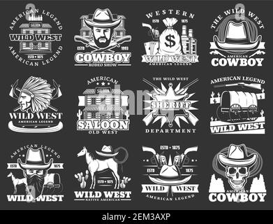 Wild west isolated icons. Vector cowboy american legend, western saloon, sheriff department, crossed revolvers, pistol gun. Wagon cart, native indian, Stock Vector