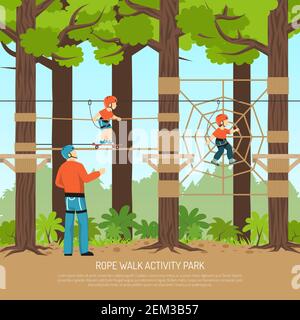 Rope walk activity children park composition with view of forest playground with children and adult couch vector illustration Stock Vector