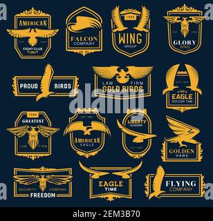 Heraldic golden eagle and hawk icons, business corporate identity signs. Vector hawk and eagle head and wings heraldry, aviation academy, fight club a Stock Vector