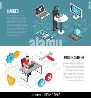Set of horizontal isometric banners with hacker cracking computers and programmer during work isolated vector illustration Stock Vector