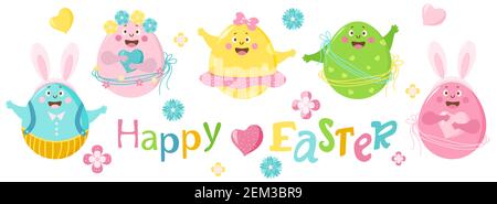 Happy easter. Set of colored cheerful cute Easter eggs with face, eyes and hands. The characters are boy and girl, in a skirt and trousers, with Stock Vector