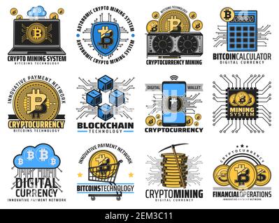 Bitcoin cryptocurrency blockchain, digital money mining and crypto coin technology icons. Vector cryptocurrency computer block chain network, bitcoin Stock Vector