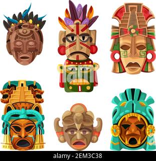 Colorful mayan mask cartoon set with native  ethnicity tribal and religious decorative elements isolated vector illustration Stock Vector