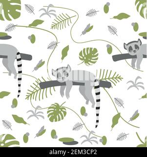 Seamless pattern of jungle animals, lemurs on a branch Stock Vector