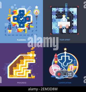 Gamification motivation concept 4 flat icons square with planning team spirit and progress symbols isolated vector illustration Stock Vector