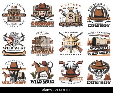 American Western icons, rodeo show and cowboy saloon, bandit revolver and Indian chief. Vector Wild West signs of sheriff star, horse lasso and longho Stock Vector