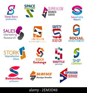 Corporate identity letter S business icons. Building and entrepreneurship, recreation, supervision and safety, finance, medicine and stock, software a Stock Vector