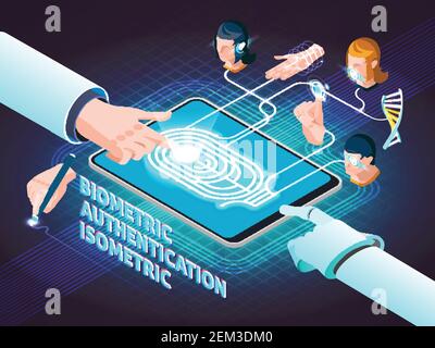 Biometric authentication methods isometric composition poster with fingerprint scanning signature hand geometry and facial identification vector illus Stock Vector