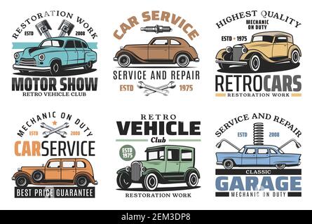 Vintage old cars repair service, rarity vehicle motors garage station icons. Vector retro transport restoration works center, engine repair, mechanic Stock Vector