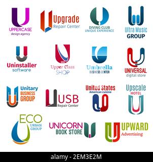 Corporate identity letter U business icons. Vector repair and hobby, music, software and shopping, technology, food and recreation, ecology and educat Stock Vector
