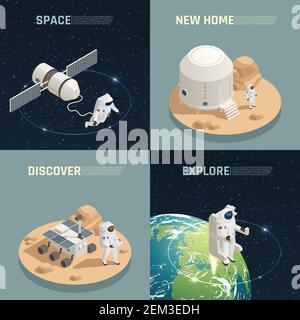Space research exploration discoveries 4 isometric icons square with astronaut landing on alien planet isolated vector illustration Stock Vector