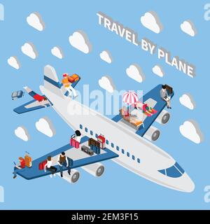 People with luggage travelling by plane isometric miniature concept 3d vector illustration Stock Vector