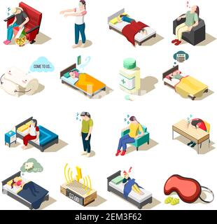 Set of isometric icons healthy night rest and sleep disorder, objects for good dream, isolated vector illustration Stock Vector