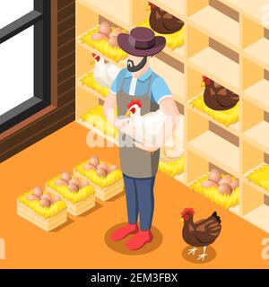 Chicken coop isometric background with farmer, hens, eggs in wooden boxes with straw vector illustration Stock Vector