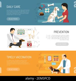 Grooming service horizontal banners set with veterinary people characters with dogs editable text and read more button vector illustration Stock Vector